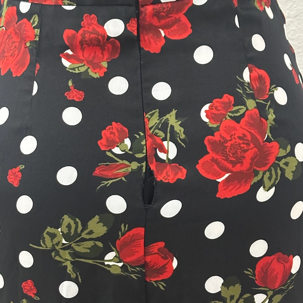 Floral Polka Dot Wrap Midi Skirt Red Roses Ruffle High Waist Vintage Style XS - Picture 6 of 6